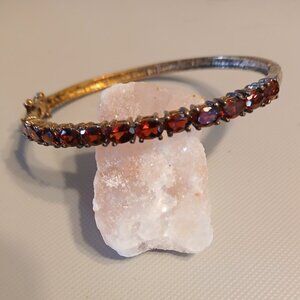 Vintage Garnet Stone Tennis Bracelet Bangle w/ hinge clasp S.S. Gold Plated